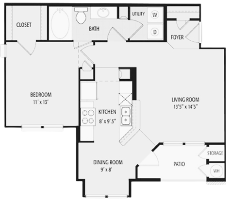 Floor plan for 1 bed, 1 bath, 750 sqft